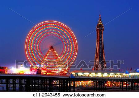 central pier, close up, detail shot, of ferris wheel at night, reflected in water, on beach, blackpool, lancashire, england, uk, europe. View Large Photo Image Stock Photography - central pier, close up, detail shot, of ferris wheel at night, reflected in water, on beach, blackpool, lancashire, england, uk, europe.. Fotosearch