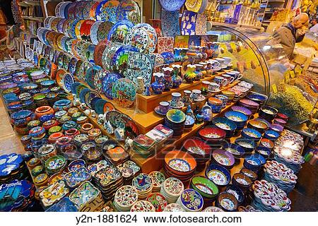 Ceramic display in the Egyptian Bazaar Istanbul next to a spice shop View Large Photo Image Picture - Ceramic display in the Egyptian Bazaar Istanbul next to a spice shop. Fotosearch