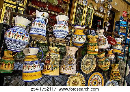 Stock Photo - Ceramic Souvenirs, jugs and plates at Toledo, Castile La Mancha, Spain. Fotosearch