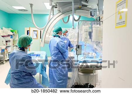 Stock Image - Cerebral aneurysm embolization, Interventional Neuroradiology, Radiology Department, Donostia Hospital, San Sebastian, Donostia, Gipuzkoa, Basque Country, Spain. Fotosearch