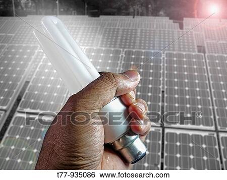 CFL Light in Human Hand in front of Solar panels View Large Photo Image Stock Photograph - CFL Light in Human Hand in front of Solar panels. Fotosearch