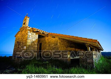 Stock Image - Chapel of San Miguel de Ereozar at night, Urdaibai, Vizcaya, Basque Country, Spain. Fotosearch