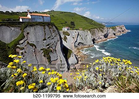 Stock Photography - Chapel of San Telmo and flysch, tidal platform, Algorri, Zumaia, Guipuzcoa, Basque Country, Spain. Fotosearch