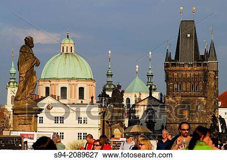 Charles bridge on Vltava river, Prague, Bohemia, Czech Republic. View Large Photo Image Stock Photo - Charles bridge on Vltava river, Prague, Bohemia, Czech Republic.. Fotosearch