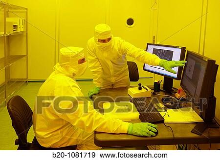 Stock Photo - Cheking with an electron microscope the results of an e-beam lithography (Electron beam lithography), clean room, CIC nanoGUNE, Nanoscience Cooperative Research Center, San Sebastian, Gipuzkoa, Euskadi, Spain. Fotosearch