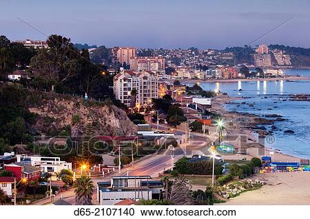 Chile, Algarrobo, elevated town view, dusk. View Large Photo Image Stock Image - Chile, Algarrobo, elevated town view, dusk.. Fotosearch