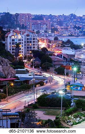 Chile, Algarrobo, elevated town view, dusk. View Large Photo Image Stock Photograph - Chile, Algarrobo, elevated town view, dusk.. Fotosearch