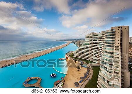 Stock Image - Chile, Algarrobo, San Alfonso del Mar, World's largest man-made pool, elevated view.. Fotosearch