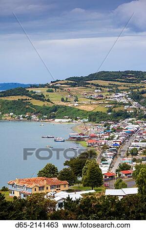 Chile, Chiloe Archipelago, Quinchao Island, Achao. elevated town view. View Large Photo Image Stock Image - Chile, Chiloe Archipelago, Quinchao Island, Achao. elevated town view.. Fotosearch