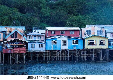 Chile, Chiloe Island, Castro, palafito stilt houses,. View Large Photo Image Stock Image - Chile, Chiloe Island, Castro, palafito stilt houses,.. Fotosearch