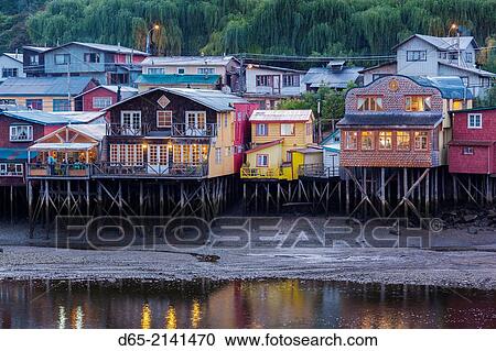 Chile, Chiloe Island, Castro, palafito stilt houses,. View Large Photo Image Stock Image - Chile, Chiloe Island, Castro, palafito stilt houses,.. Fotosearch