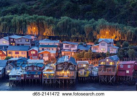 Chile, Chiloe Island, Castro, palafito stilt houses, elevated view. View Large Photo Image Stock Image - Chile, Chiloe Island, Castro, palafito stilt houses, elevated view.. Fotosearch