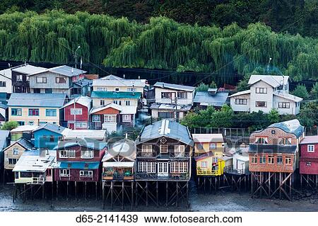 Stock Photo - Chile, Chiloe Island, Castro, palafito stilt houses, elevated view.. Fotosearch