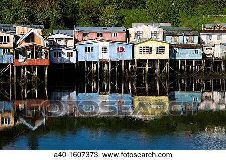 Stock Image - Chile. Chiloe island. Stilt houses in Castro city.. Fotosearch