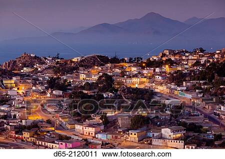 Chile, Coquimbo, elevated city view from the Cruz del III Milenio cross, dusk. View Large Photo Image Stock Image - Chile, Coquimbo, elevated city view from the Cruz del III Milenio cross, dusk.. Fotosearch