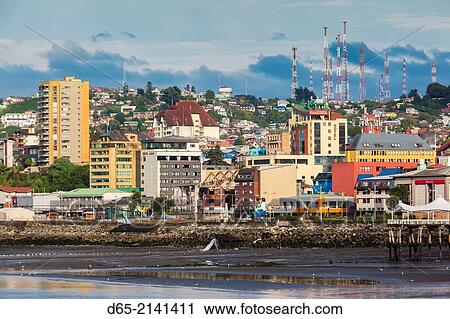 Chile, Los Lagos Region, Puerto Montt, waterfront view, dawn. View Large Photo Image Stock Image - Chile, Los Lagos Region, Puerto Montt, waterfront view, dawn.. Fotosearch