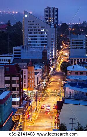 Chile, Los Lagos Region, Puerto Montt, elevated town view, dusk. View Large Photo Image Stock Photo - Chile, Los Lagos Region, Puerto Montt, elevated town view, dusk.. Fotosearch