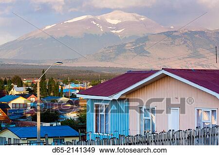 Chile, Magallanes Region, Puerto Natales, elevated town view, dawn. View Large Photo Image Stock Photo - Chile, Magallanes Region, Puerto Natales, elevated town view, dawn.. Fotosearch