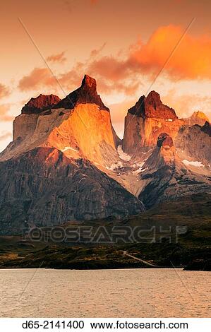 Chile, Magallanes Region, Torres del Paine National Park, Lago Pehoe, landscape, dawn. View Large Photo Image Stock Image - Chile, Magallanes Region, Torres del Paine National Park, Lago Pehoe, landscape, dawn.. Fotosearch