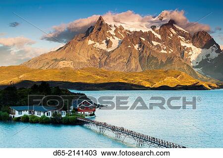 Chile, Magallanes Region, Torres del Paine National Park, Lago Pehoe, elevated view of Hosteria Pehoe, dawn. View Large Photo Image Stock Image - Chile, Magallanes Region, Torres del Paine National Park, Lago Pehoe, elevated view of Hosteria Pehoe, dawn.. Fotosearch