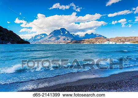 Chile, Magallanes Region, Torres del Paine National Park, Lago Grey, glacial ice, dusk. View Large Photo Image Stock Photo - Chile, Magallanes Region, Torres del Paine National Park, Lago Grey, glacial ice, dusk.. Fotosearch