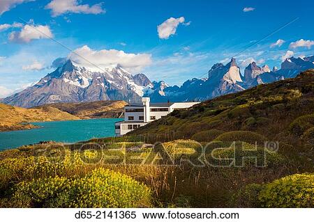 Chile, Magallanes Region, Torres del Paine National Park, Lago Pehoe, Explora Hotel, morning. View Large Photo Image Stock Photography - Chile, Magallanes Region, Torres del Paine National Park, Lago Pehoe, Explora Hotel, morning.. Fotosearch