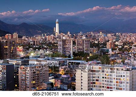 Chile, Santiago, elevated city view towards the Gran Torre Santiago, dusk. View Large Photo Image Stock Image - Chile, Santiago, elevated city view towards the Gran Torre Santiago, dusk.. Fotosearch