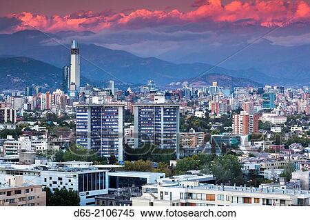 Chile, Santiago, elevated city view towards the Gran Torre Santiago, dusk. View Large Photo Image Stock Photography - Chile, Santiago, elevated city view towards the Gran Torre Santiago, dusk.. Fotosearch
