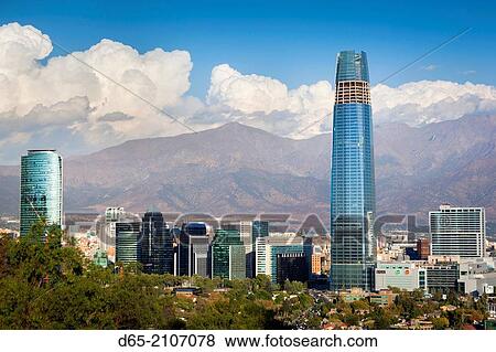Chile, Santiago, elevated view of Providencia buildings and the Gran Torre Santiago tower from the Cerro San Cristobal hill. View Large Photo Image Stock Photo - Chile, Santiago, elevated view of Providencia buildings and the Gran Torre Santiago tower from the Cerro San Cristobal hill.. Fotosearch