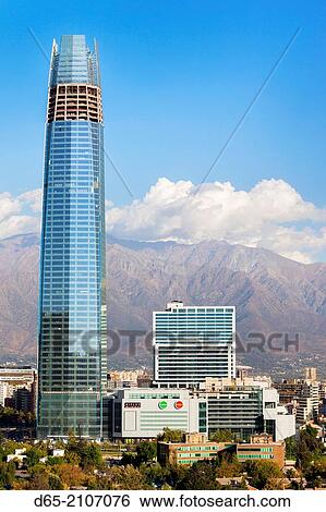 Chile, Santiago, elevated view of Providencia buildings and the Gran Torre Santiago tower from the Cerro San Cristobal hill. View Large Photo Image Stock Photograph - Chile, Santiago, elevated view of Providencia buildings and the Gran Torre Santiago tower from the Cerro San Cristobal hill.. Fotosearch
