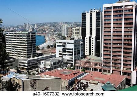 Chile. Valparaiso city. Aerial view of city center and port. World heritage Site. View Large Photo Image Stock Image - Chile. Valparaiso city. Aerial view of city center and port. World heritage Site.. Fotosearch