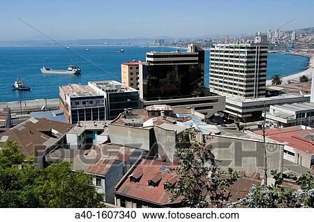 Chile. Valparaiso city. Aerial view of city center and port. World heritage Site. View Large Photo Image Stock Image - Chile. Valparaiso city. Aerial view of city center and port. World heritage Site.. Fotosearch