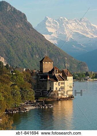 Chillon Castle, background Dent du Midi mountains, Lake Geneva, Canton Vaud, Switzerland View Large Photo Image Picture - Chillon Castle, background Dent du Midi mountains, Lake Geneva, Canton Vaud, Switzerland. Fotosearch