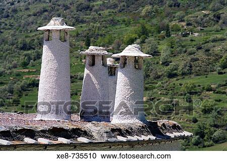 Stock Image - Chimneys, Capileira, Barranco del Poqueira, Alpujarras. Granada province, Andalucia, Spain. Fotosearch