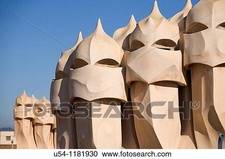Stock Image - CHIMNEYS OF LA PEDRERA ROOF BY ANTONIO GAUDÍ. BARCELONA. SPAIN. Fotosearch