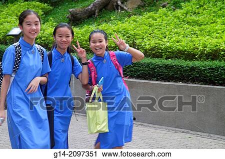 China, Hong Kong, Island, Central, Hong Kong Park, landscape, Asian, teen, girl, student, uniform, friends, classmates, V sign, hand signal,. View Large Photo Image Stock Image - China, Hong Kong, Island, Central, Hong Kong Park, landscape, Asian, teen, girl, student, uniform, friends, classmates, V sign, hand signal,.. Fotosearch