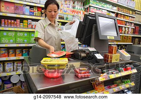 China, Hong Kong, Kowloon, Island, North Point, Java Road, Wellcome Supermarket, grocery store, food, sale, display, shelves, shopping, Asian, woman, cashier, employee, check out, bagging, purchase,. View Large Photo Image Stock Photo - China, Hong Kong, Kowloon, Island, North Point, Java Road, Wellcome Supermarket, grocery store, food, sale, display, shelves, shopping, Asian, woman, cashier, employee, check out, bagging, purchase,.. Fotosearch
