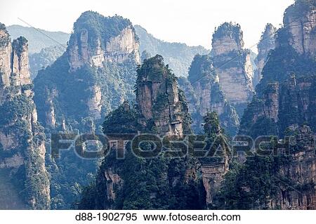 Stock Photography - China, Hunan Province, Zhangjiajie National Forest Park UNESCO World Heritage Site, Hallrlujah Mountains Floating Mountains, Avatar site, morning. Fotosearch