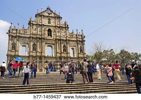 China, Macau, Ruins of St Paul? s, view of the magnificent stone facade and grand staircase of the former Jesuit church View Large Photo Image Stock Photo - China, Macau, Ruins of St Paul? s, view of the magnificent stone facade and grand staircase of the former Jesuit church. Fotosearch