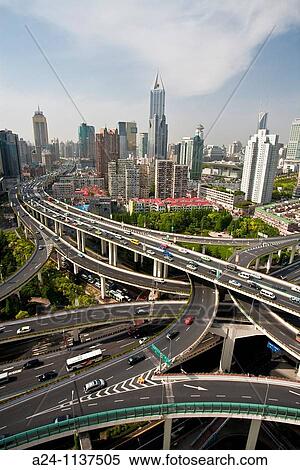 Stock Photography - China-May 2010 Shanghai City Highway Crossing at Yannan Lu nad Chengdu Lu Avenues.. Fotosearch