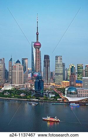 Stock Photo - China-May 2010 Shanghai City Pudong District Skyline Huangpu River.. Fotosearch