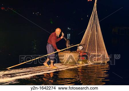 Chinese night fisherman lifting Cormorant with fish into a basket on the Li river in Yangshuo China View Large Photo Image Picture - Chinese night fisherman lifting Cormorant with fish into a basket on the Li river in Yangshuo China. Fotosearch