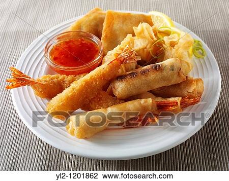 chinese starters - deep fried breaded prawns spring rolls, dim sum, and samosas View Large Photo Image Stock Image - chinese starters - deep fried breaded prawns spring rolls, dim sum, and samosas. Fotosearch
