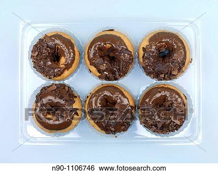 Chocolate donuts in a tray isolated against a blue background View Large Photo Image Stock Photograph - Chocolate donuts in a tray isolated against a blue background. Fotosearch