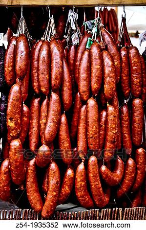 Chorizos typical pork sausages in a Market, Gijon, Asturias, Spain View Large Photo Image Stock Image - Chorizos typical pork sausages in a Market, Gijon, Asturias, Spain. Fotosearch