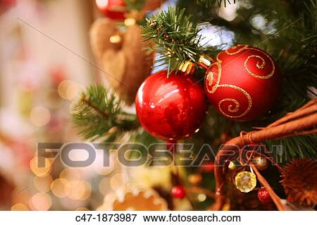 Christmas decoration Red baubles on tree View Large Photo Image Stock Photo - Christmas decoration Red baubles on tree. Fotosearch