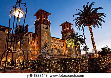 Stock Photo - Christmas lights decorate the Lightner Museum in St Augustine, Florida The building was originally the Alcazar Hotel. Fotosearch