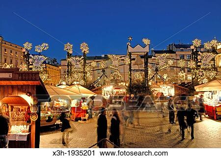 Stock Image - Christmas market at the Main market square, Krakow, Poland, Central Europe. Fotosearch