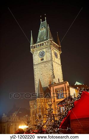 Christmas Market In Prague's Old Town Square with Town Hall tower at night View Large Photo Image Stock Image - Christmas Market In Prague's Old Town Square with Town Hall tower at night. Fotosearch