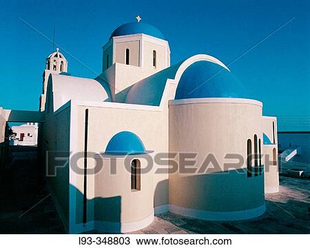 Stock Image - Church in O? a, Santorini. Cyclades islands, Greece.. Fotosearch